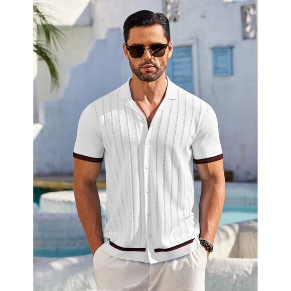 Men's White Short Sleeve Knit Shirt Casual Button Down Shirt Vintage Striped - Picture 2 of 6